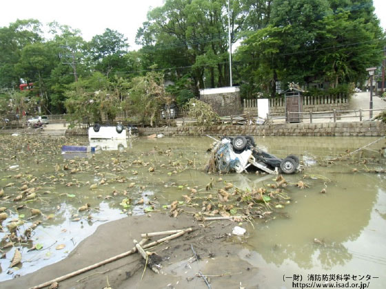 令和2年7月豪雨青井阿蘇神社の蓮池に水没した車